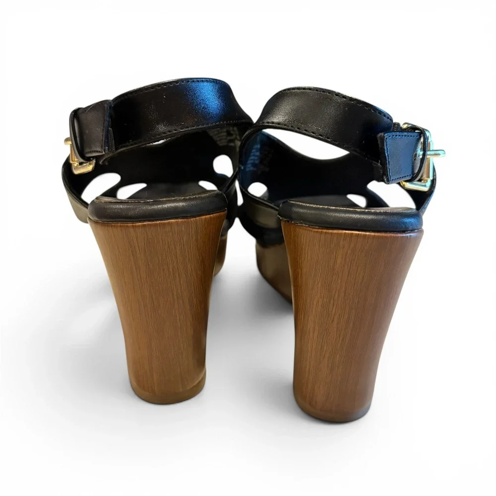 American Eagle Women's Size 8 Black Platform Wedge Sandals Wood Grain Heel
